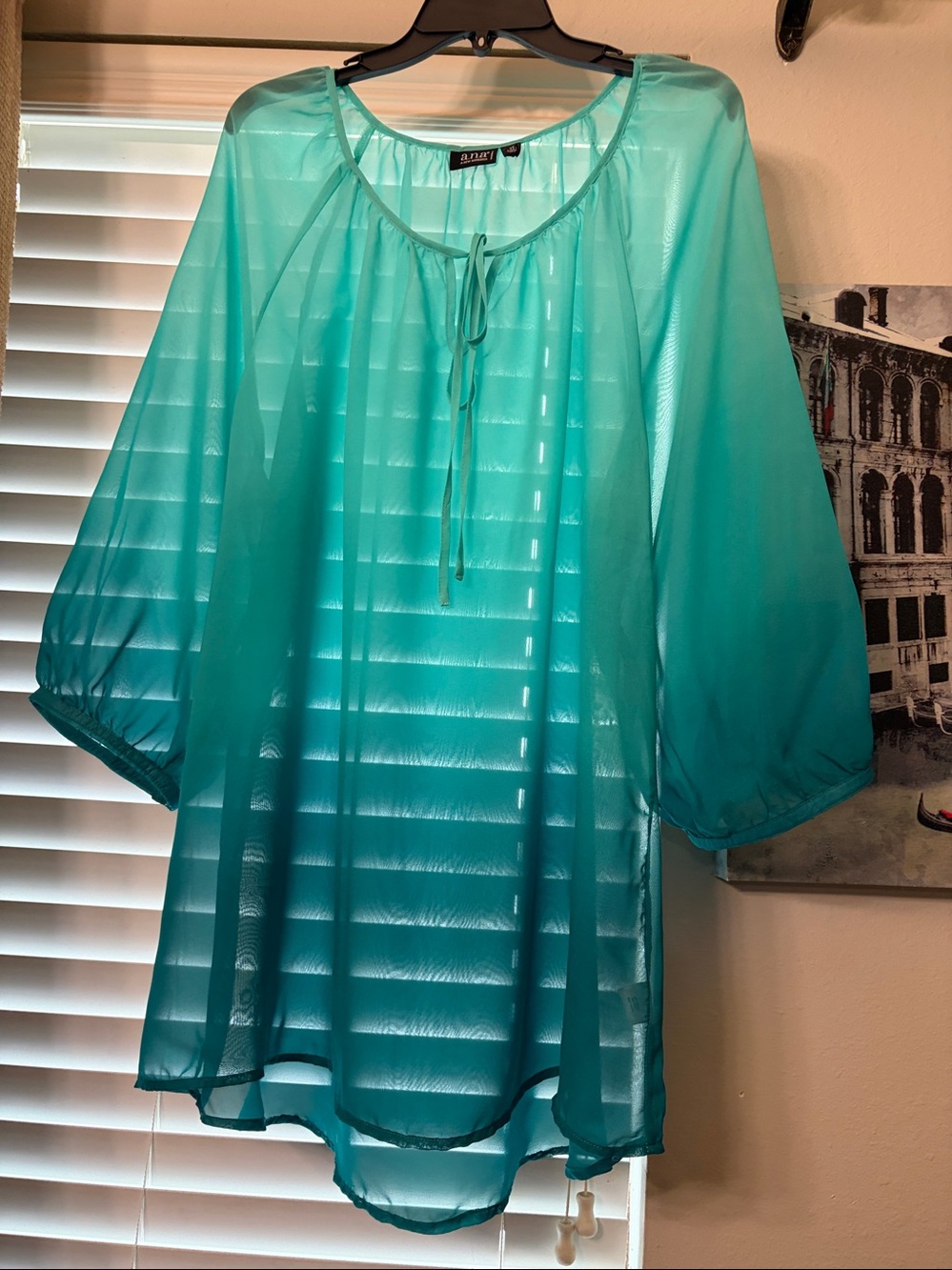 a.n.a Teal Sheer Tie-Neck Peasant Tunic 2X - Picture 8 of 12